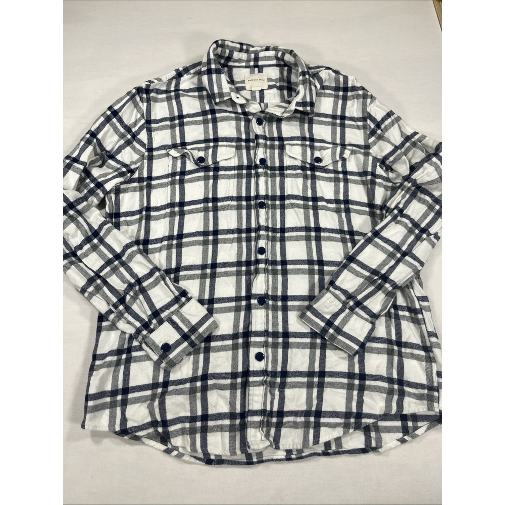 American Eagle Plaid Super Soft Mens LG Blue White Picnic Button Up Shirt